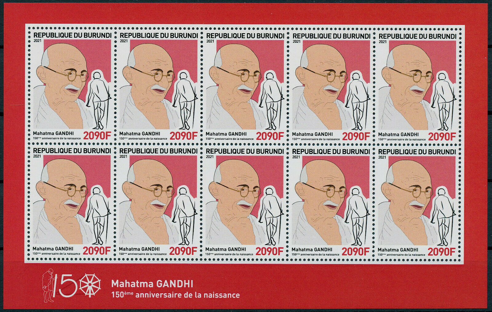 Burundi 2021 MNH Mahatma Gandhi Stamps Historical Figures People 2090F 10v MS IV