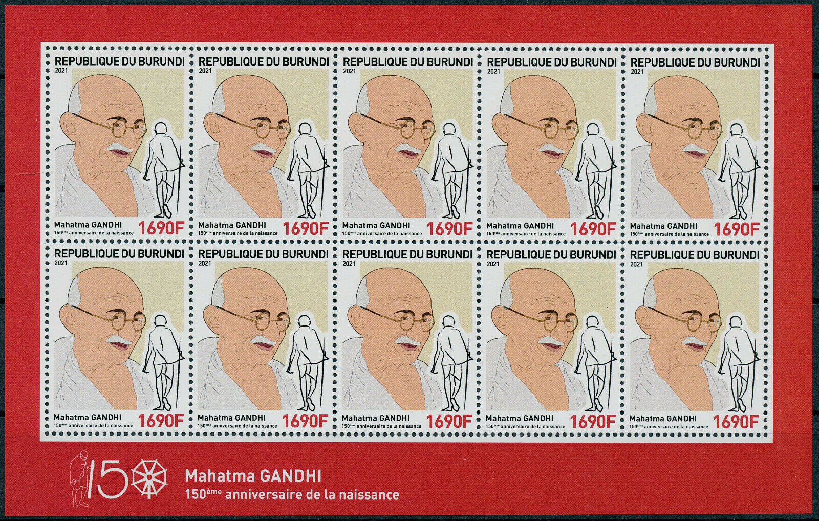 Burundi 2021 MNH Mahatma Gandhi Stamps Historical Figures People 1690F 10V M/S I