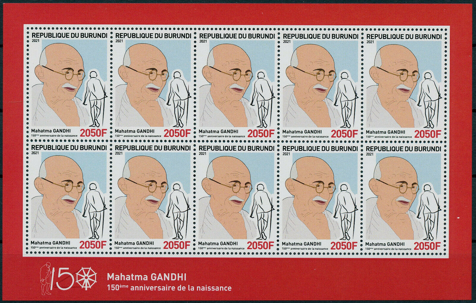 Burundi 2021 MNH Mahatma Gandhi Stamps Historical Figures 2050F 10v M/S III