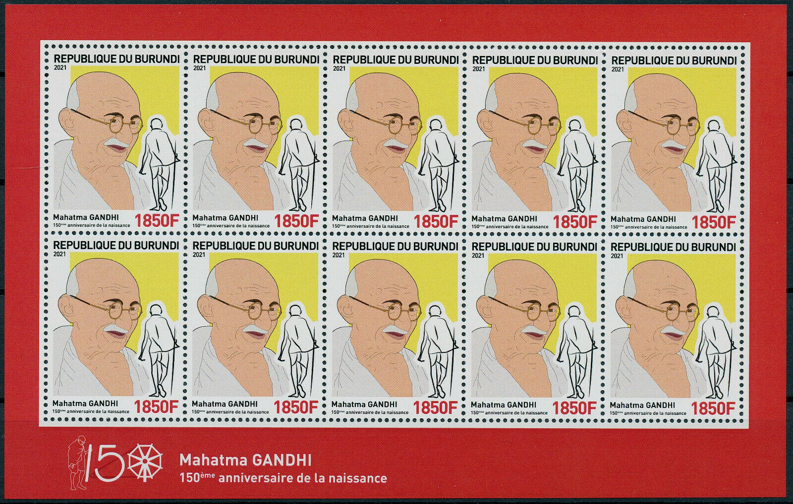 Burundi 2021 MNH Mahatma Gandhi Stamps Historical Figures People 1850F 10v MS II