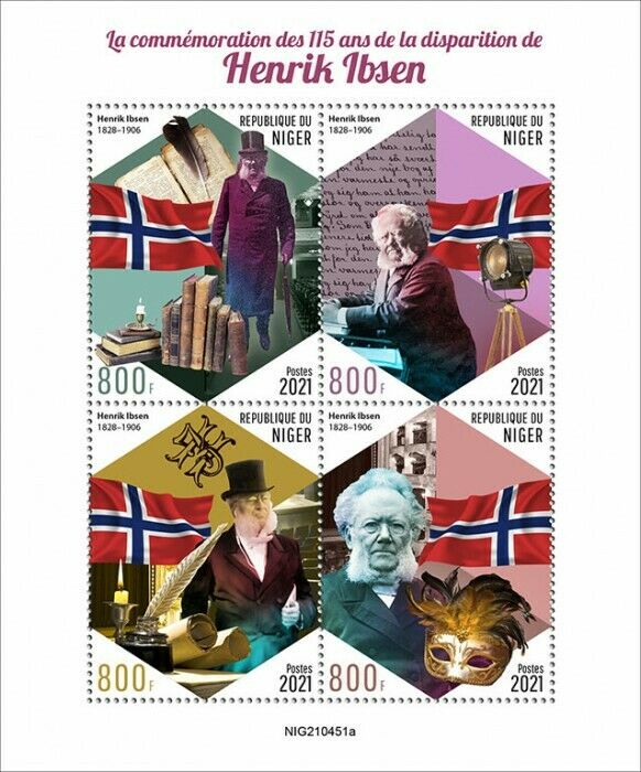 Niger 2021 MNH Writers Stamps Henrik Ibsen Norwegian Playwright People 4v M/S