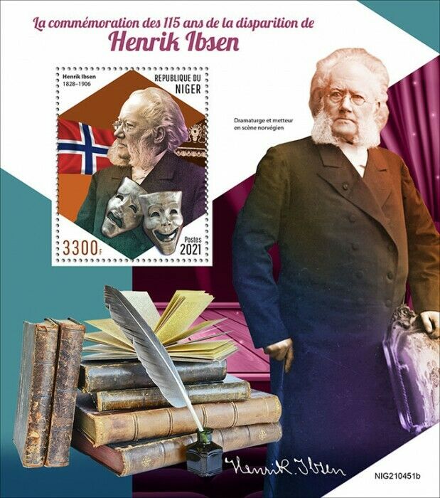 Niger 2021 MNH Writers Stamps Henrik Ibsen Norwegian Playwright People 1v S/S