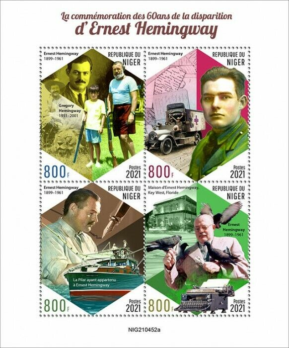 Niger 2021 MNH Writers Stamps Ernest Hemingway 60th Memorial Anniv People 4v M/S
