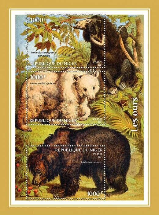 Niger 2021 MNH Wild Animals Stamps Bears Sloth Polar Bear 3v M/S