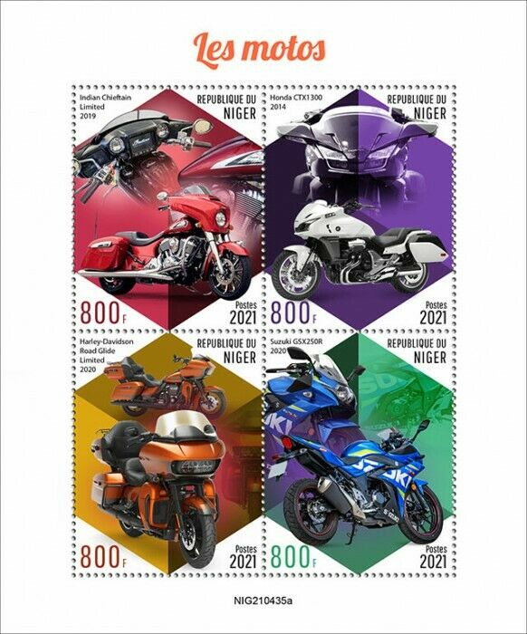 Niger 2021 MNH Motorcycles Stamps Harley-Davidson Honda CTX1300 Suzuki 4v M/S