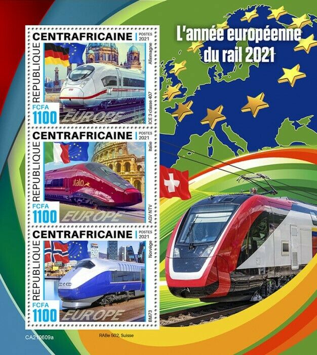 Central African Rep 2021 MNH High-Speed Trains Stamps European Yr of Rail 3v M/S
