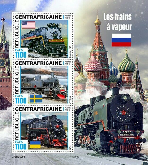 Central African Rep 2021 MNH Trains Stamps Steam Engines Railways Rail 3v M/S