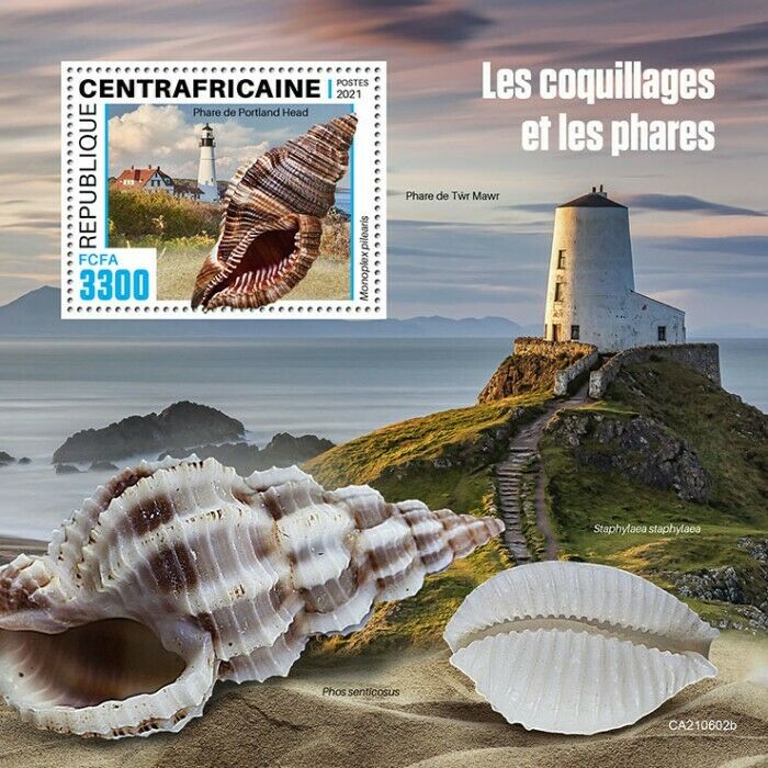 Central African Rep 2021 MNH Seashells & Lighthouses Stamps Shells 1v S/S