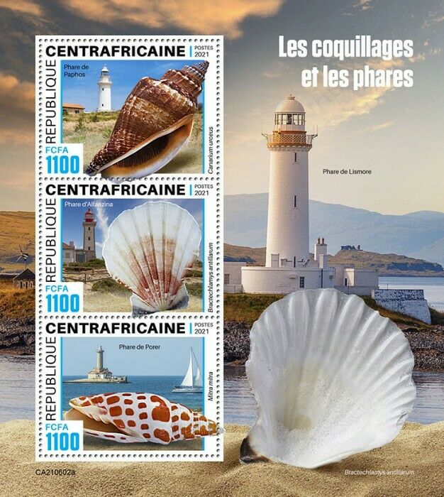 Central African Rep 2021 MNH Seashells & Lighthouses Stamps Shells 3v M/S