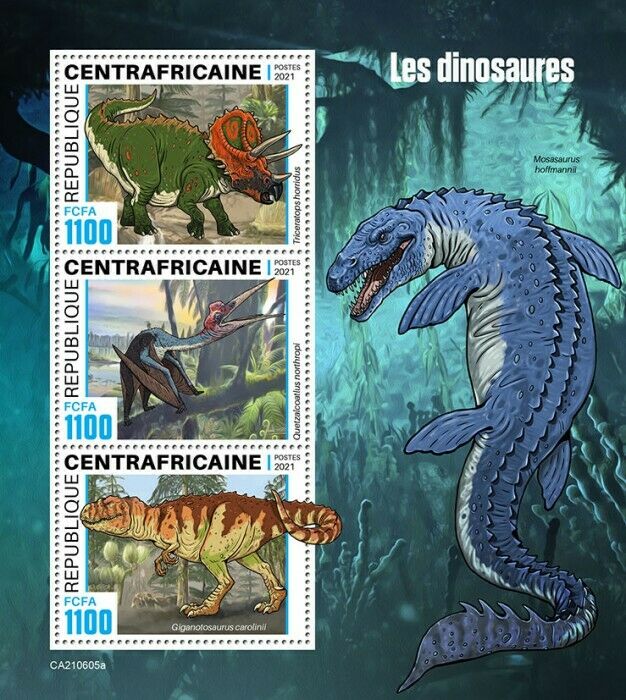 Central African Rep 2021 MNH Dinosaurs Stamps Prehistoric Animals 3v M/S