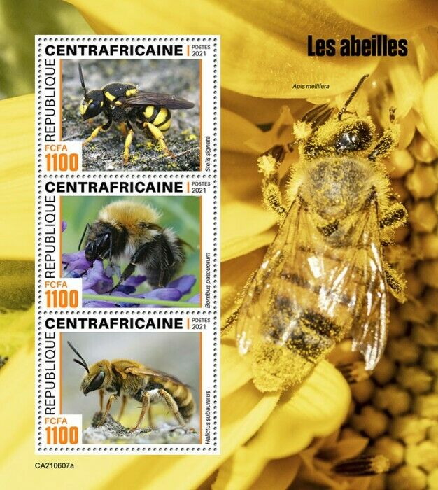 Central African Rep 2021 MNH Bees Stamps Honey Bee Insects 3v M/S