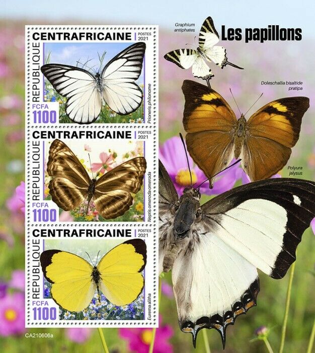 Central African Rep 2021 MNH Butterflies Stamps Grass Yellow Butterfly 3v M/S