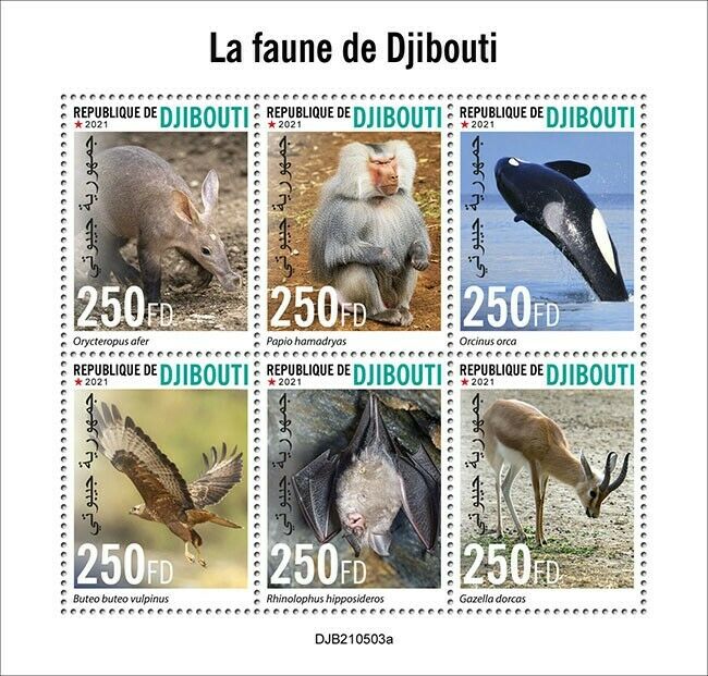 Djibouti 2021 MNH Wild Animals Stamps Fauna Monkeys Whales Bats Raptors 6v M/S
