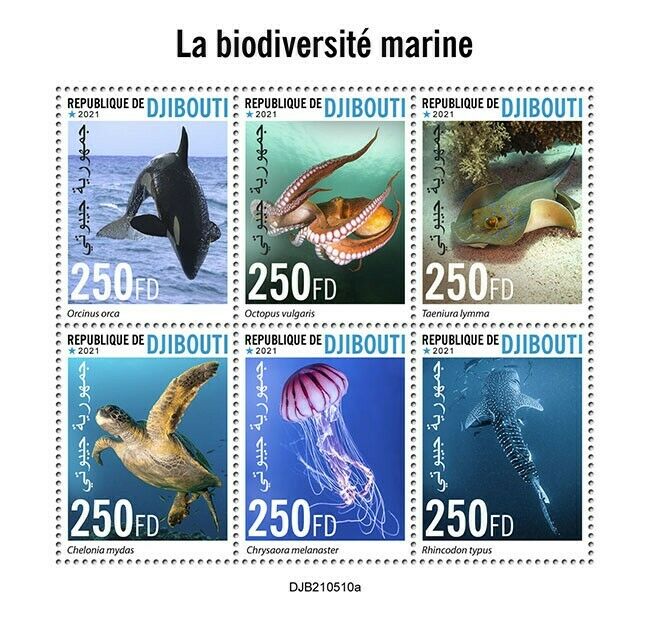 Djibouti 2021 MNH Marine Animals Stamps Biodiversity Sharks Turtles Orcas 6v M/S