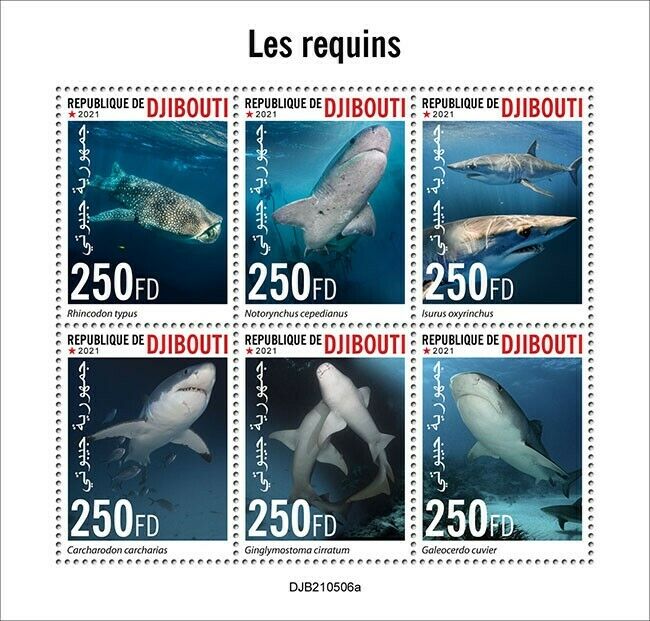 Djibouti 2021 MNH Marine Animals Stamps Sharks Mako Great White Shark 6v M/S