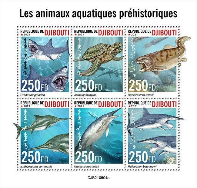 Djibouti 2021 MNH Prehistoric Water Animals Stamps Sharks Turtles 6v M/S