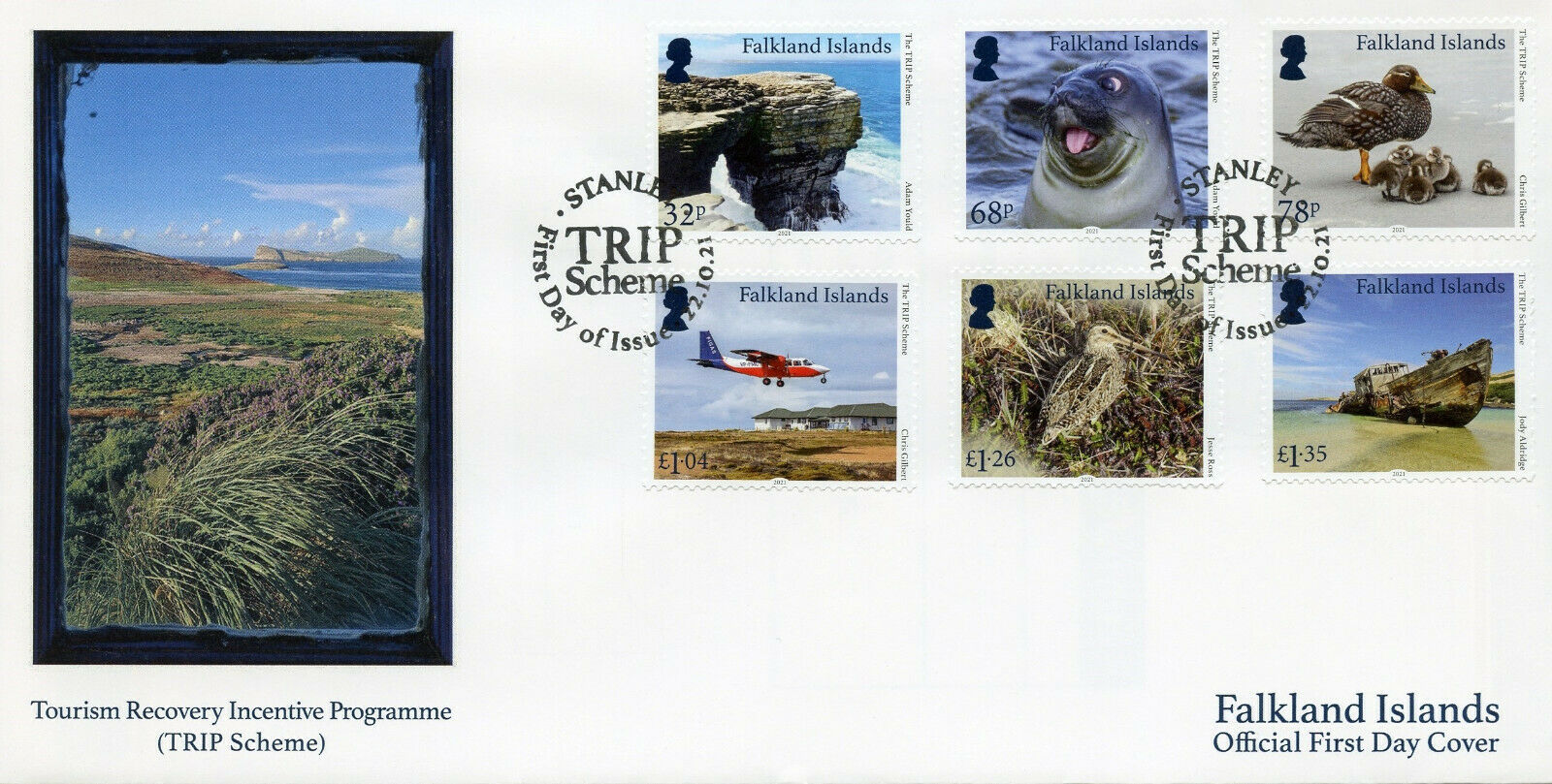 Falkland Islands 2021 FDC Birds on Stamps TRIP Scheme Aviation Landscapes 6v Set