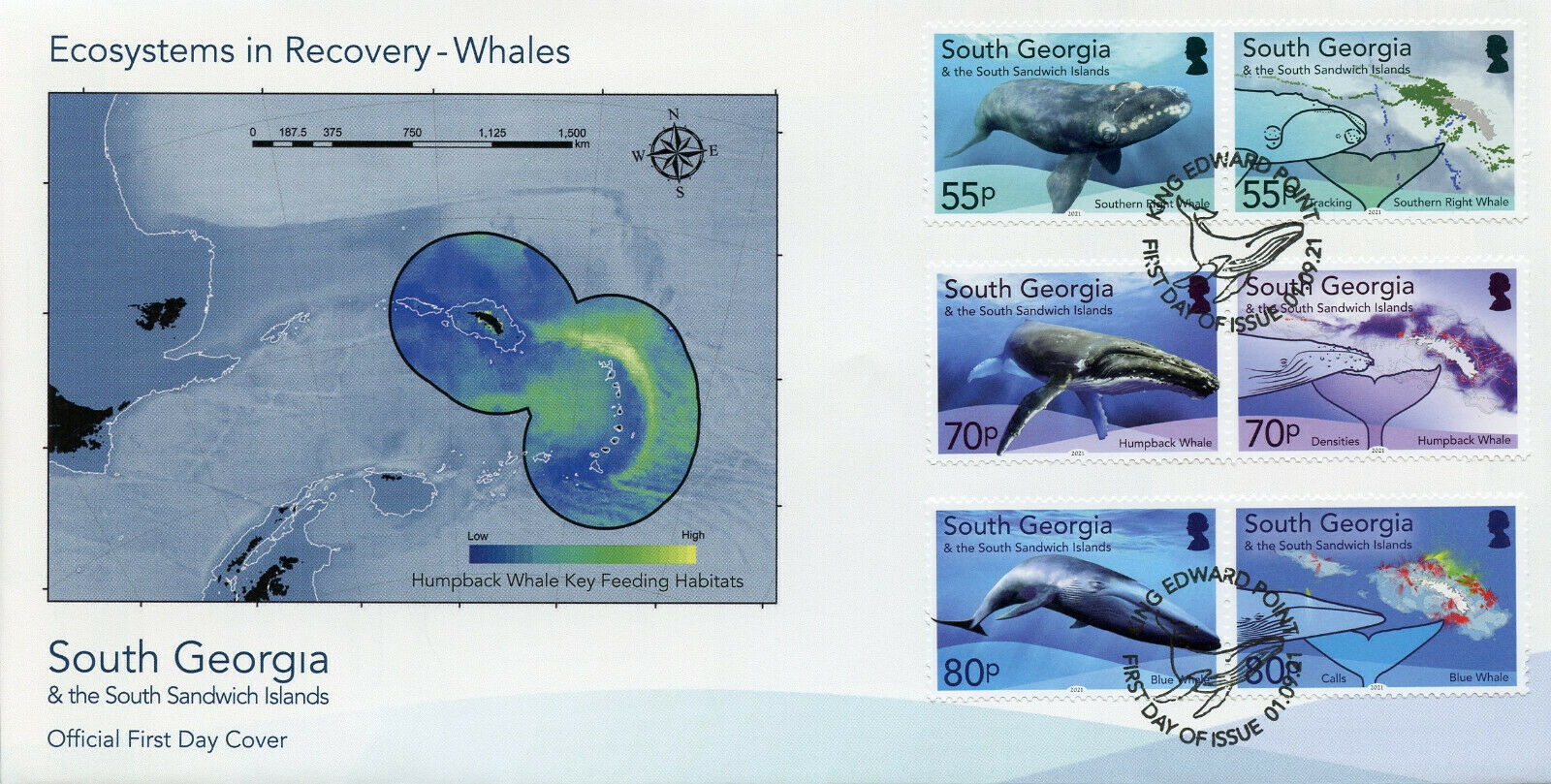 South Georgia & S Sandwich Isl 2021 FDC Marine Animals Stamps Whales 6v Set in Pairs