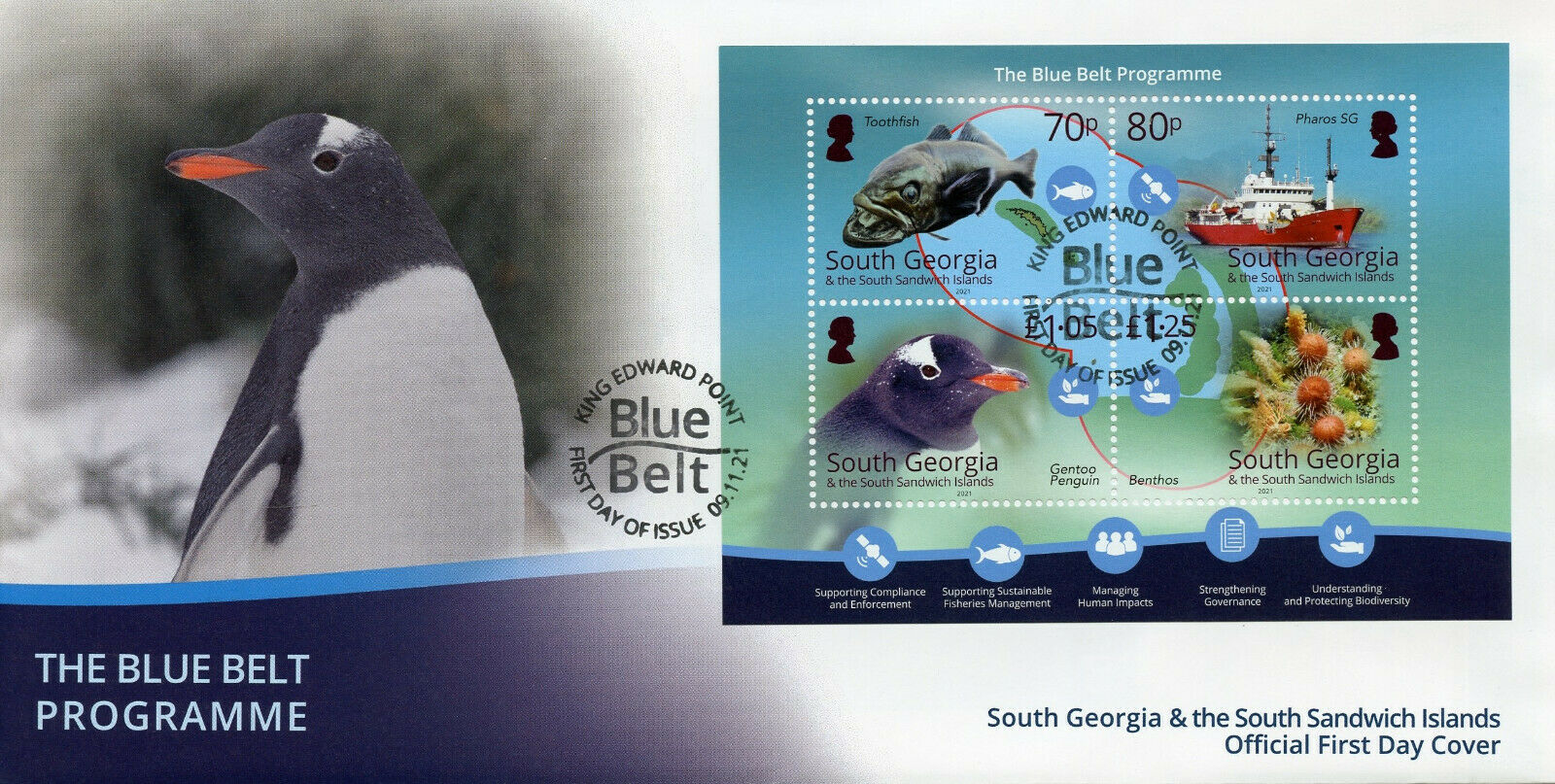 South Georgia & S Sandwich Isl 2021 FDC Marine Animals Stamps Blue Belt 4v M/S