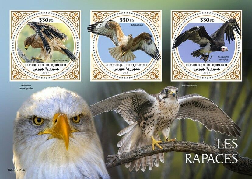 Djibouti 2021 MNH Birds of Prey on Stamps Raptors Eagles Buzzards Vultures 3v M/S
