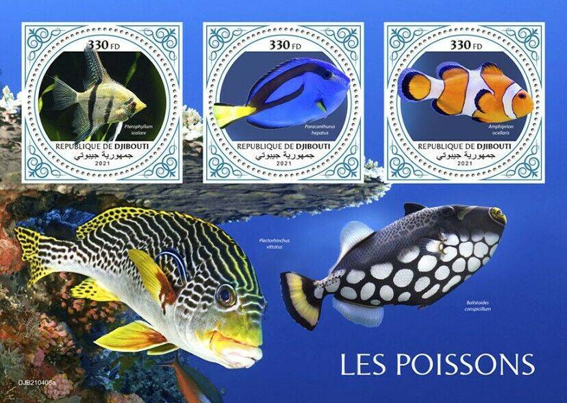 Djibouti 2021 MNH Fish Stamps Fishes Blue Tang Ocellaris Clownfish 3v M/S