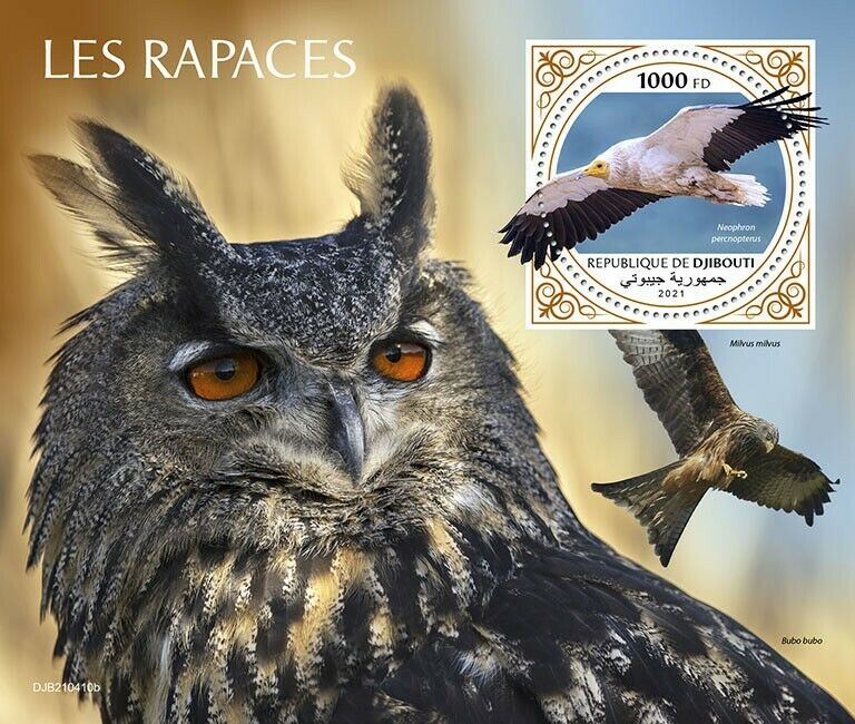 Djibouti 2021 MNH Birds of Prey on Stamps Raptors Vultures Owls Kites 1v S/S