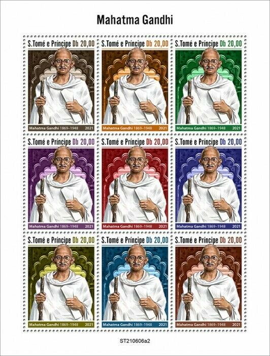 Sao Tome & Principe 2021 MNH Mahatma Gandhi Stamps Historical Figures 9v M/S II