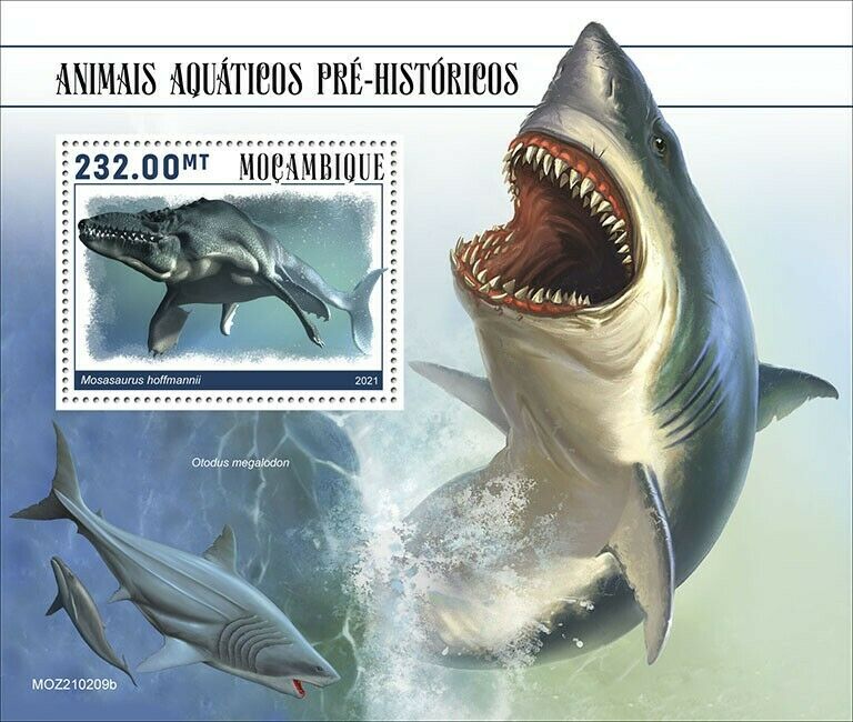 Mozambique 2021 MNH Prehistoric Water Animals Stamps Mosasaurus Megalodon 1v S/S