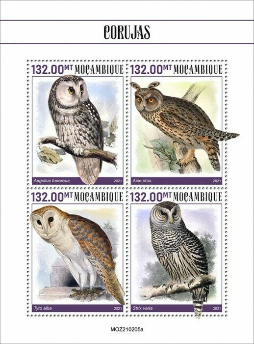 Mozambique 2021 MNH Birds of Prey on Stamps Owls Boreal Barn Owl 4v M/S