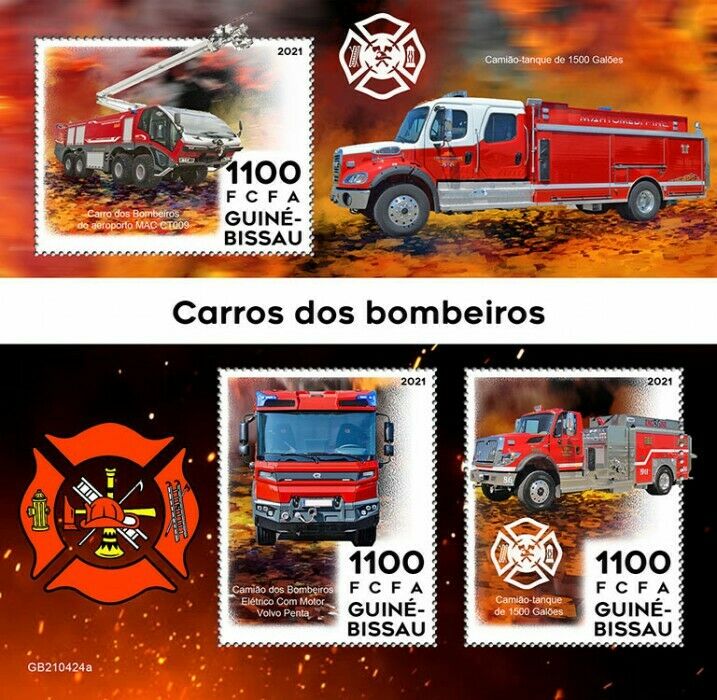 Guinea-Bissau 2021 MNH Fire Engines Stamps Special Transport Trucks Volvo 3v M/S