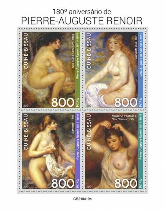 Guinea-Bissau 2021 MNH Art Stamps Pierre-Auguste Renoir Nudes Paintings 4v M/S