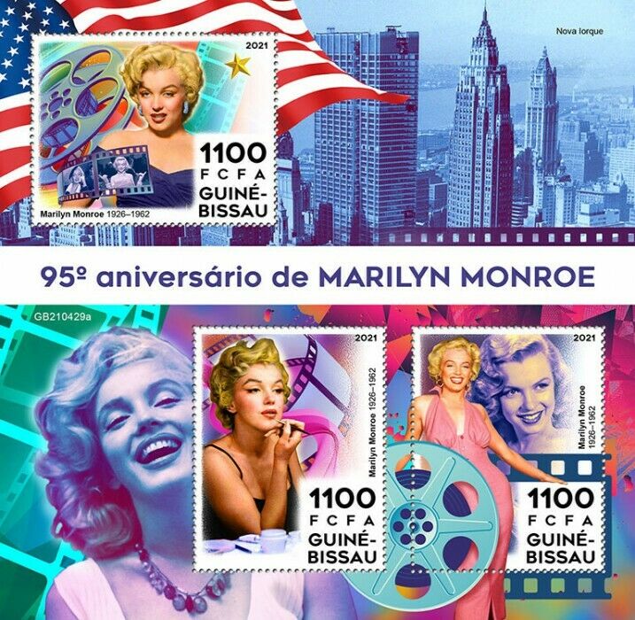 Guinea-Bissau 2021 MNH Marilyn Monroe Stamps Celebrities Actresses People 3v M/S