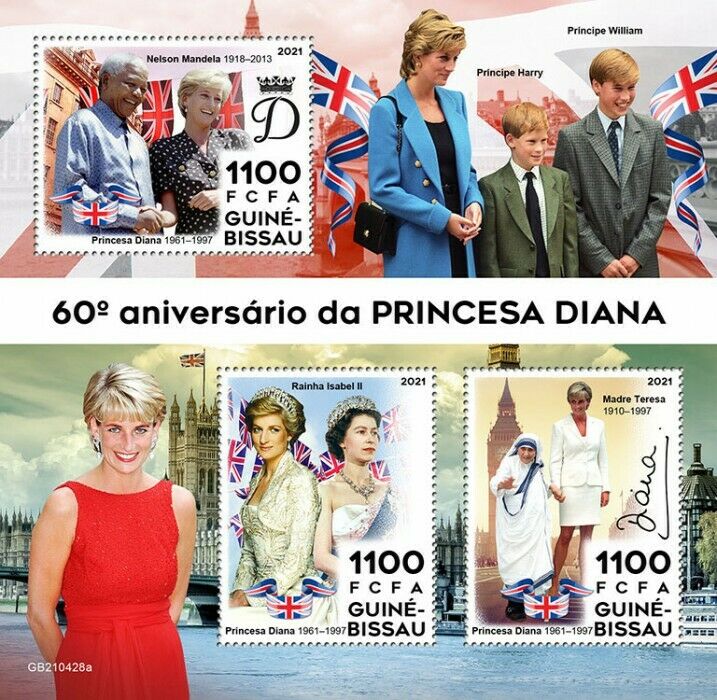 Guinea-Bissau 2021 MNH Royalty Stamps Princess Diana Mother Teresa Mandela 3v M/S