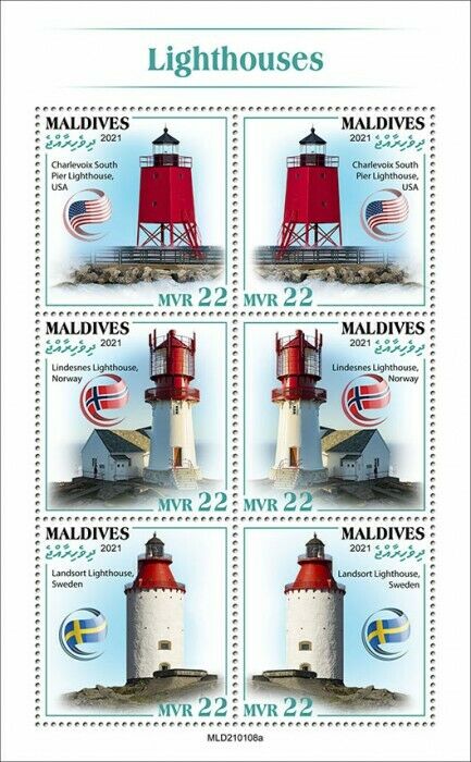 Maldives 2021 MNH Lighthouses Stamps Lindesnes Lighthouse Architecture 6v M/S