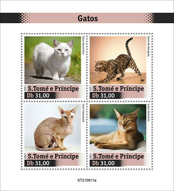 Sao Tome & Principe 2021 MNH Cats Stamps Munckin Bengal Peterbald Cat 4v M/S