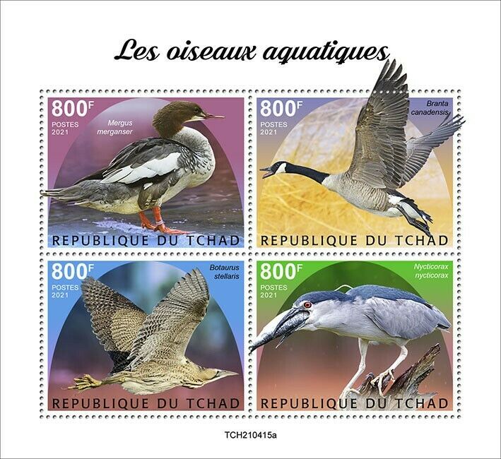 Chad 2021 MNH Water Birds Stamps Ducks Merganser Geese Herons 4v M/S