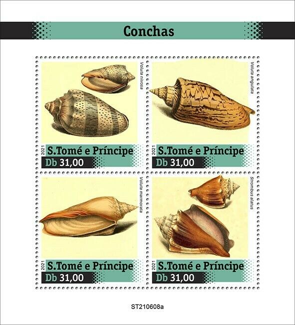 Sao Tome & Principe 2021 MNH Seashells Stamps Voluta Strombus Shells 4v M/S