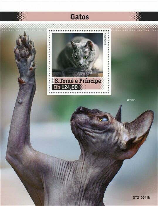 Sao Tome & Principe 2021 MNH Cats Stamps Russian Blue Sphynx Cat Breeds 1v S/S