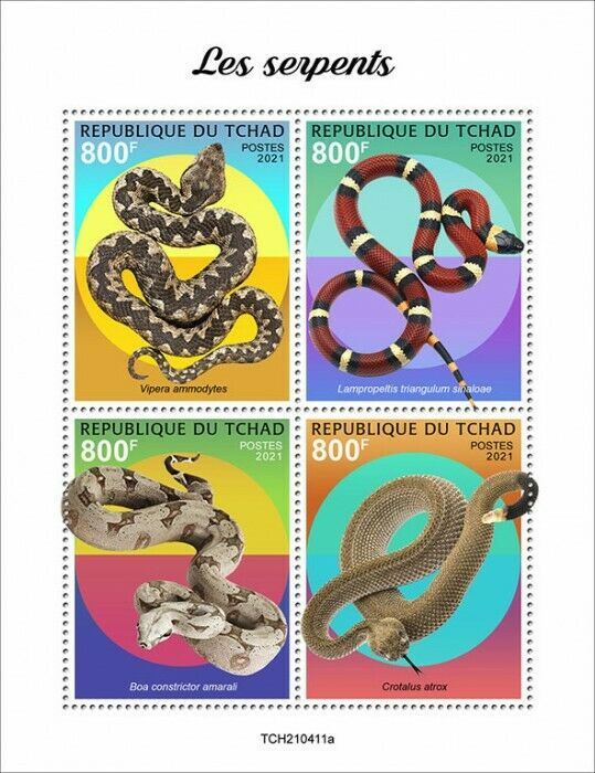 Chad 2021 MNH Snakes Stamps Horned Vipers Milk Snake Boa Constrictor 4v M/S