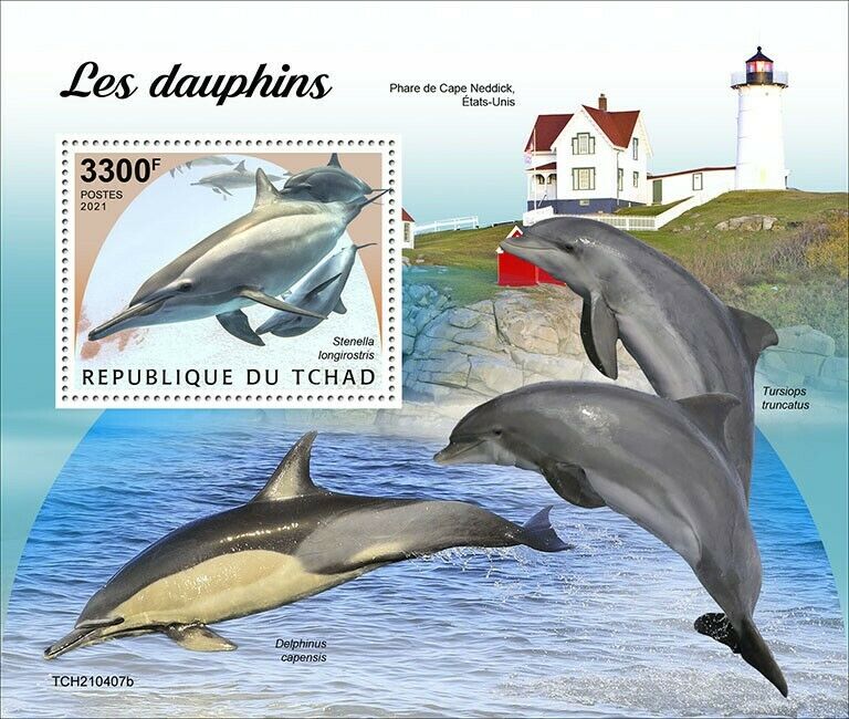 Chad 2021 MNH Marine Animals Stamps Dolphins Spinner Dolphin Lighthouses 1v S/S