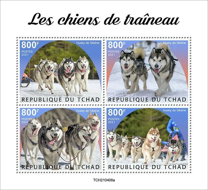 Chad 2021 MNH Sled Dogs Stamps Siberian Husky Huskies Working Dogs 4v M/S