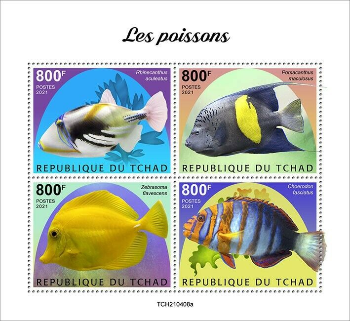 Chad 2021 MNH Fish Stamps Fishes Triggerfish Yellow Tang Angelfish 4v M/S