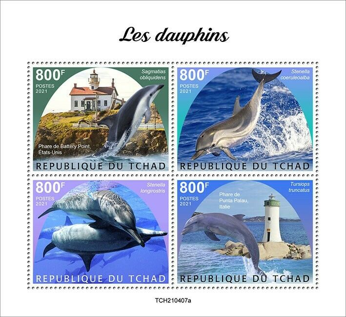 Chad 2021 MNH Marine Animals Stamps Dolphins Striped Dolphin Lighthouses 4v M/S