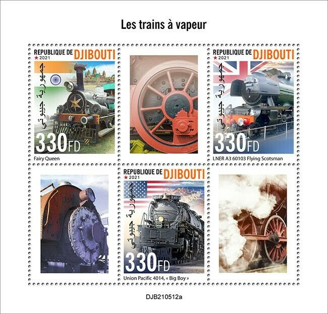 Djibouti 2021 MNH Trains Stamps Steam Engines Flying Scotsman Railways 3v M/S