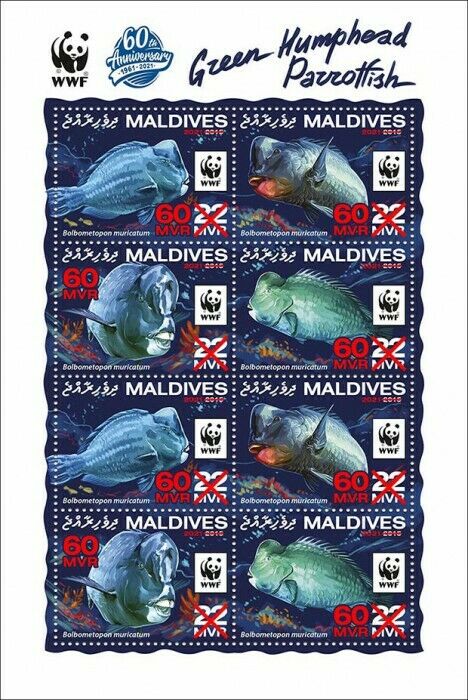 Maldives 2021 MNH WWF Stamps Green Humphead Parrotfish Red OVPT Fish 8v M/S