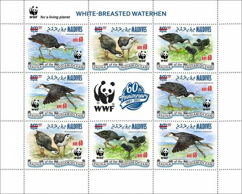 Maldives 2021 MNH WWF Stamps White-Breasted Waterhen Red OPVT Birds 8v M/S
