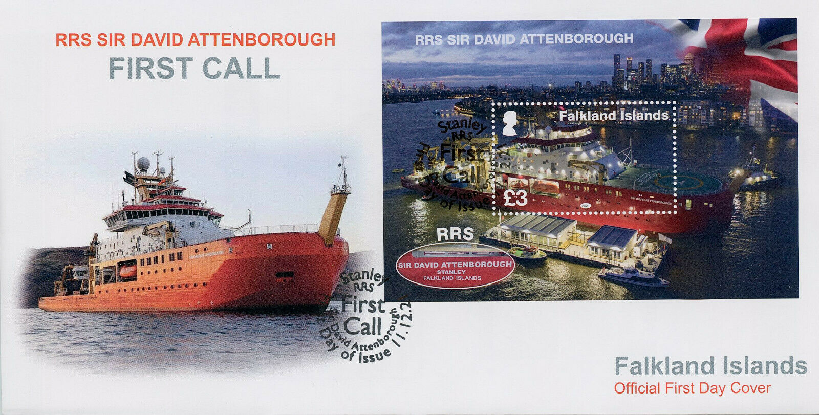 Falkland Islands 2021 FDC Ships Stamps RSS Sir David Attenborough 1st Call 1v M/S
