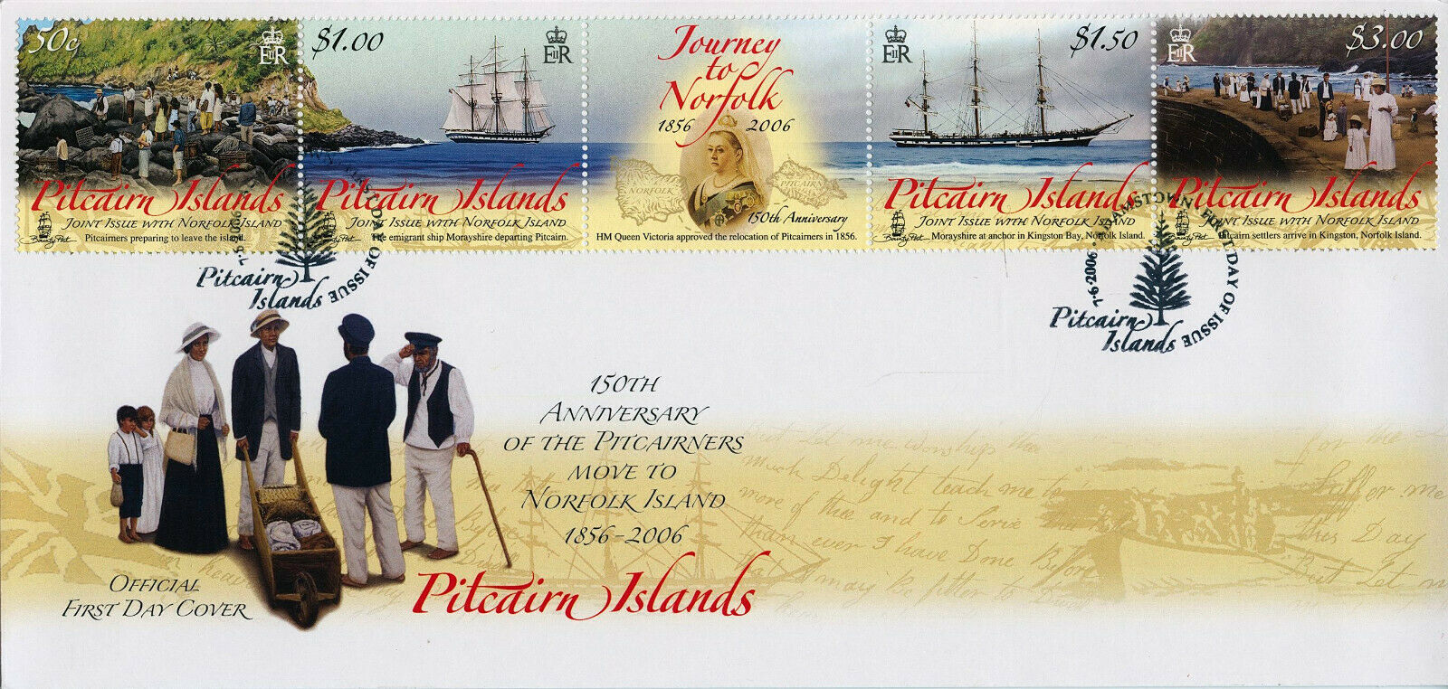 Pitcairn Islands 2006 FDC Ships Stamps Journey to Norfolk Island JIS 4v Strip