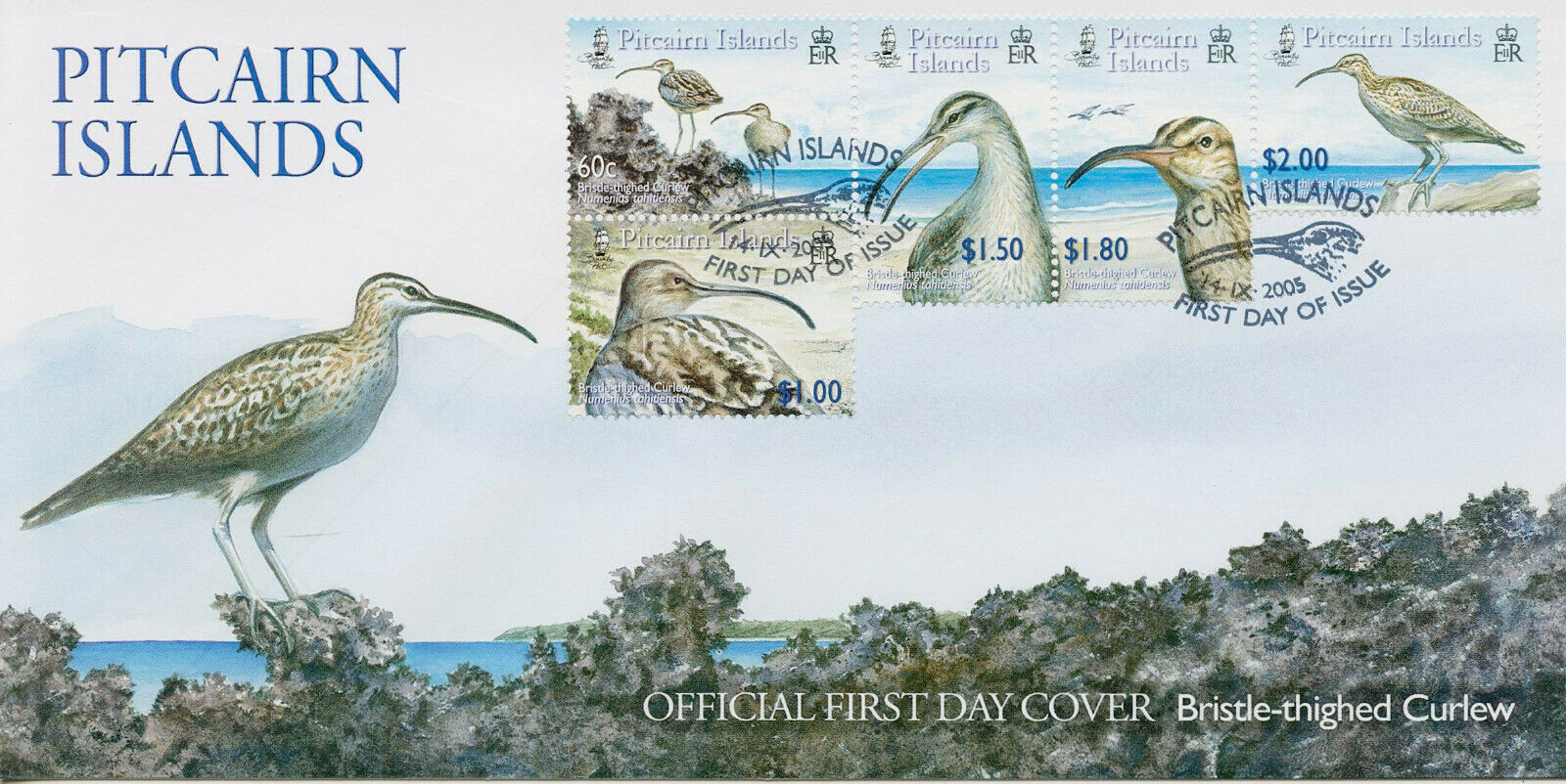 Pitcairn Islands 2005 FDC Birds on Stamps Bristle-thighed Curlews Curlew 5v Set