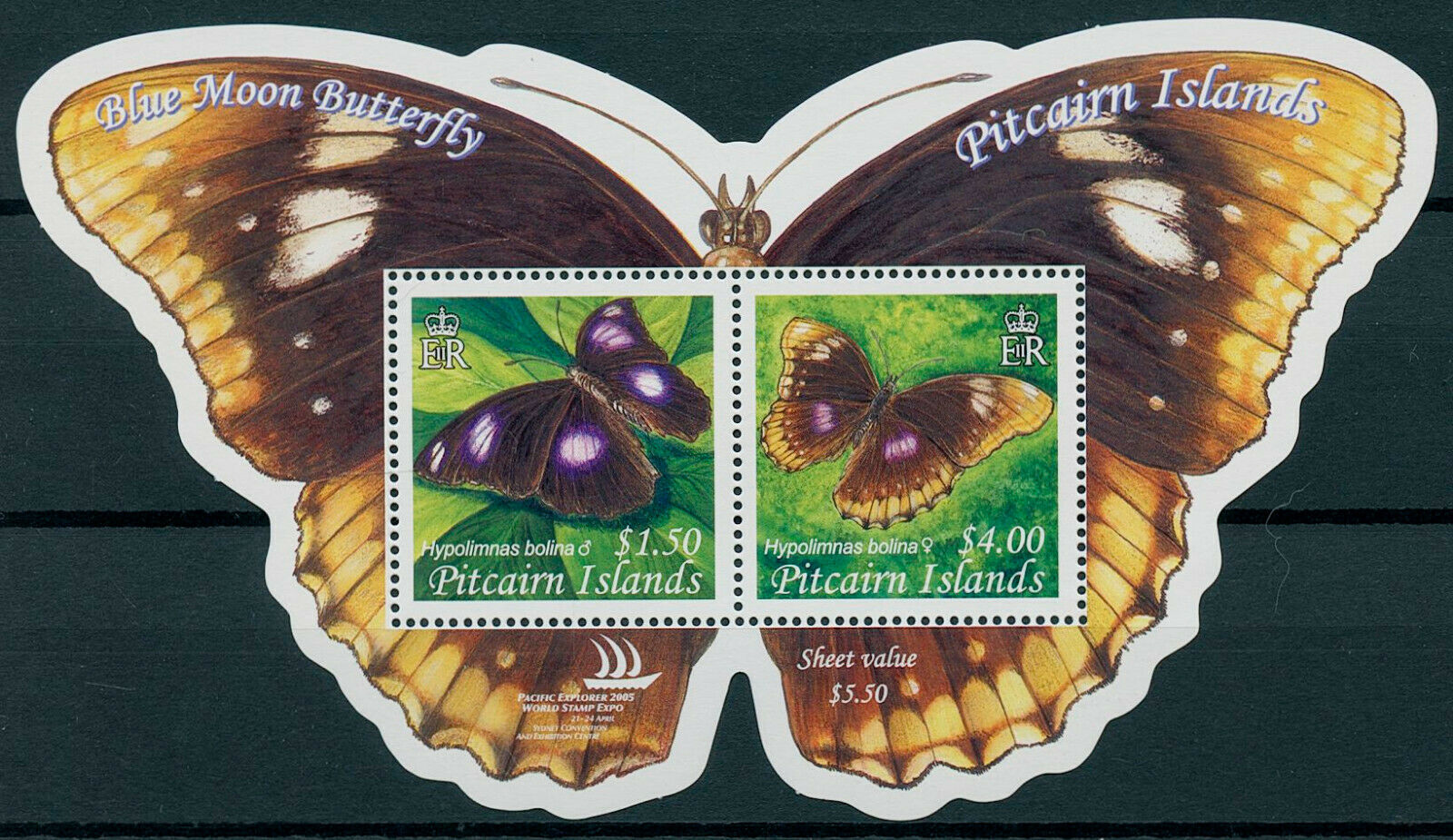 Pitcairn Islands 2005 MNH Butterflies Stamps Blue Moon Butterfly 2v M/S